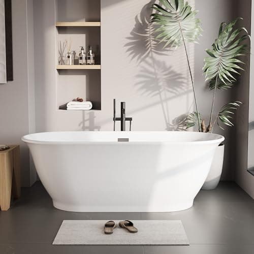 67 Inch Acrylic Freestanding Bathtub, Luxury Oval Soaking Tub, Modern Stand Alone Bath In White, with Chrome Drain, Overflow, Deep Soak Freestanding Tub for Bathroom