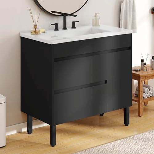YITAHOME 36 Inch Bathroom Vanity with Sink, Bathroom Cabinet Vanity for Media Space, Freestanding Storage Bathroom Vanity with 1 Soft Closing Cabinet & 2 Drawers, Black
