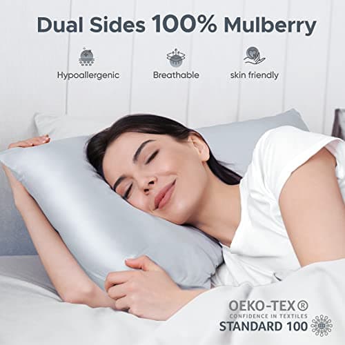100% Pure Mulberry Silk Pillowcase for Hair and Skin - Allergen Resistant Dual Sides,600 Thread Count Silk Bed Pillow Cases with Hidden Zipper,2pc,Standard Size,Gray