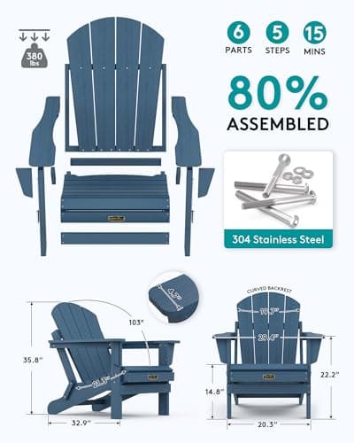 SERWALL Foldable Adirondack Chair Set of 4 for Patio Garden Outdoors Fire Pit-Ocean Blue