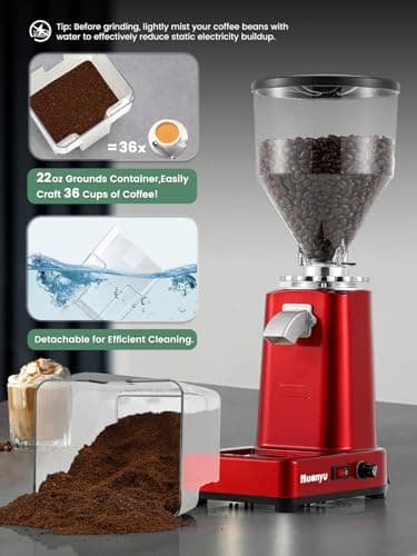 Huanyu Flat Burr Coffee Grinder Large Capacity 35oz Red and Huanyu Electric Coffee Bean Grinder with Closed Grinding System Anti-Static Design for Dust-Free Home Use Bundle