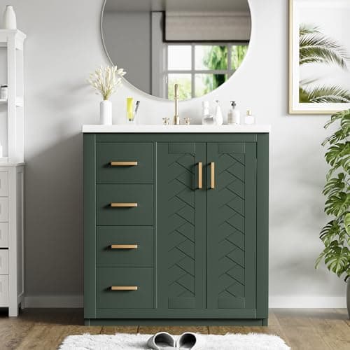 Merax 30'' Bathroom Vanity with Ceramic Sink Combo, Solid Wood Frame Bathroom Storage Cabinet, Freestanding Vanity Set with 3 Drawers& Soft Closing Doors, Green