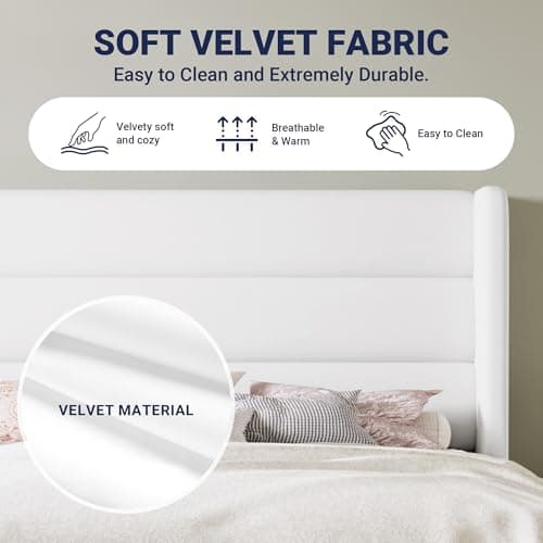 Allewie Queen Size Platform Bed Frame with Velvet Upholstered Wingback Headboard, No Box Spring Needed, Under Bed Storage Space, Strong Wooden Slats, Modern Mattress Foundation, Easy Assembly, White