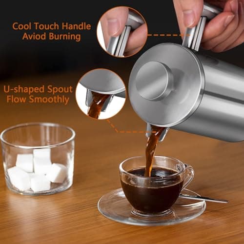 French Press Coffee Maker 50oz, 304 Stainless Steel Double Wall Insulated, Portable Coffee Press for Camping, Backpacking, Kitchen, Gift Set with Stainless Steel Filter - Silver