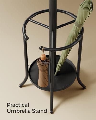 SONGMICS Coat Rack Freestanding, Coat Rack with Umbrella Holder with 12 Hooks, for Entryway, Hallway, Living Room, Bedroom, Ink Black URCR011B01