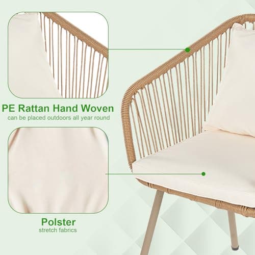 FDW 3-Piece Outdoor Furniture Modern Patio Bistro Set Rattan Conversation Set Wicker Patio Furniture Set with 2 Chairs Coffee Table Cushions Lumbar Pillows for Patio Outdoor Backyard Porch, White