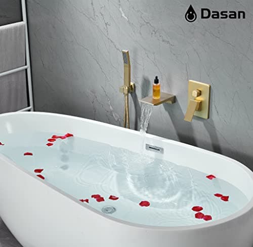 DASAN Waterfall Tub Filler Faucet Wall Mount with Hand Shower, Modern Wall Mounted Bathtub Faucet Brushed Gold Tub Faucet with High Flow Rough in Valve, SA-TF01WH-BG
