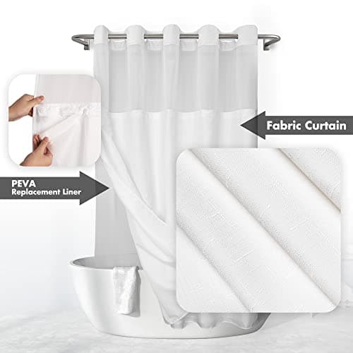 No Hook Slub Textured Shower Curtain with Snap-in PEVA Liner Set - 71" x 74"(72"), Hotel Style with See Through Top Window, Fabric Outer Curtain & Waterproof Inner Liner, White, 71x74