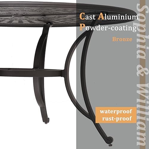 Sophia & William Outdoor Dining Table 6-Person Round Cast Aluminium, Patio Bistro Table with 2.2" Umbrella Hole for Porch Backyard, Bronze