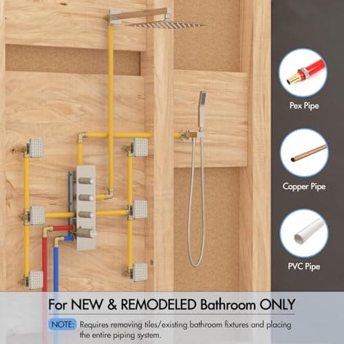 Shower Jets System, 12 Inch Thermostatic Rainfall Shower System with 6 Body Spray Jets (Can All Run Together) Full Body Spray Shower System, Shower Valve Included, Brushed Nicke