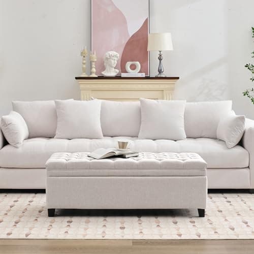 50 Inch Fabric Storage Ottoman, End of Bed Bench with Large Storage, Modern Upholstered Tufted Bench with Wood Legs, Beige
