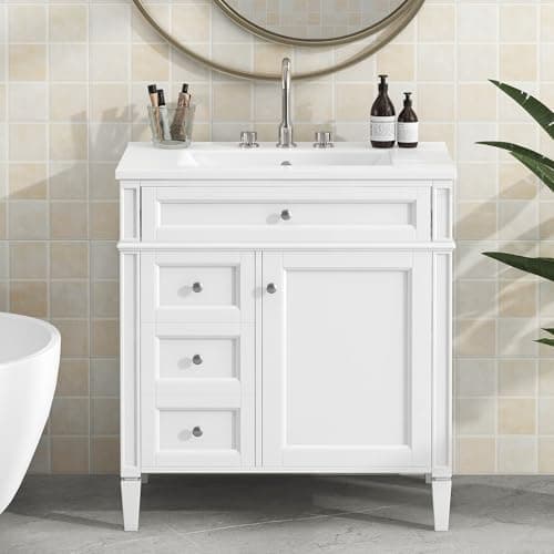 30'' Bathroom Vanity with Single Sink Combo, Modern Bathroom Storage Cabinet with 2 Drawers, 1 Pull Down Drawer and 1 Door, Freestanding Bathroom Vanities, Soft Closing, Solid Wood Frame