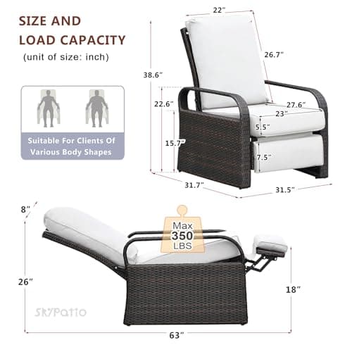 Skypatio Outdoor Recliner Chair, Adjustable All-Weather Wicker Oversized Patio Reclining Chair, Aluminum Patio Rattan Armchair with Thick Cushion for Porch, Balcony, Indoor