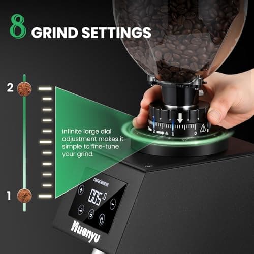 Huanyu Commercial Coffee Grinder with 64mm Flat Burr Anti-Flying Grounds Outlet 26oz Lotus Hopper 8 Stepless Settings Electric Coffee Grinders with Smart Touchscreen for Cafés Restaurants