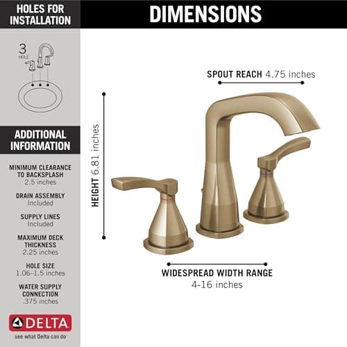 Delta Faucet Stryke Widespread Bathroom Faucet 3 Hole, Gold Bathroom Sink Faucet, 2 Handle Bathroom Faucet, Bath Faucet, Metal Pop-Up Drain Assembly, Lumicoat Champagne Bronze 35776-CZ-PR-MPU-DST