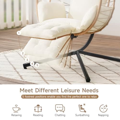 Hanging Egg Chair with Adjustable Footrest & Stand, Wicker Rattan Swing Hammock Chair with Cushion & Double Chains, 350LBS Capacity for Outdoor & Indoor Patio, Deck, Bedroom, Balcony (YE-BE)