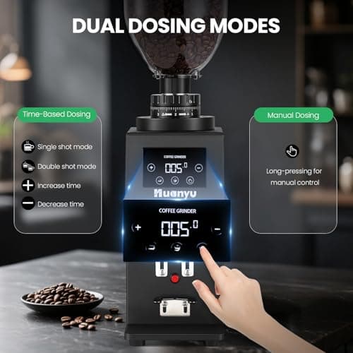 Huanyu Commercial Coffee Grinder with 64mm Flat Burr Anti-Flying Grounds Outlet 26oz Lotus Hopper 8 Stepless Settings Electric Coffee Grinders with Smart Touchscreen for Cafés Restaurants