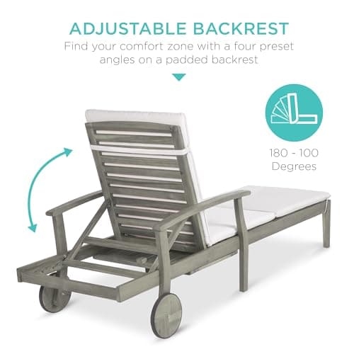 Best Choice Products 79x26in Acacia Wood Chaise Lounge Chair Recliner, Outdoor Furniture for Patio, Poolside w/Slide-Out Side Table, Foam-Padded Cushion, Adjustable Backrest, Wheels - Gray/Cream
