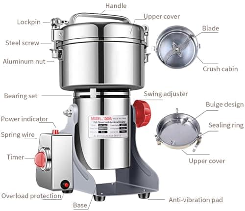 Electric Grain Grinder Mill 1000g High-speed Spice Herb Mill Commercial Powder Machine for Dry Cereals Grain Herb Spice Coffee Corn Bean CE approved (1000g Stand Type)