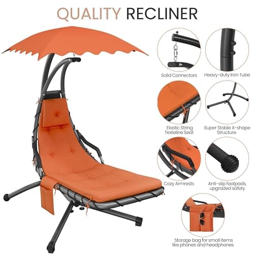 Yaheetech Outdoor Hanging Chaise Lounge Chair Hammock Chair w/Built-in Pillow and Removable Canopy for Patio Backyard Deck Garden - Orange