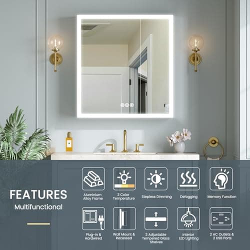30x32 Inch Lighted Medicine Cabinet, AL Alloy Frame, Plug-in or Hardwired, Recessed or Wall Mount, Mirror Doors/3 Colors/Dimmable/Interior Sensor Light/Anti-Fog, 2 Outlets &USBs, 3 Shelves