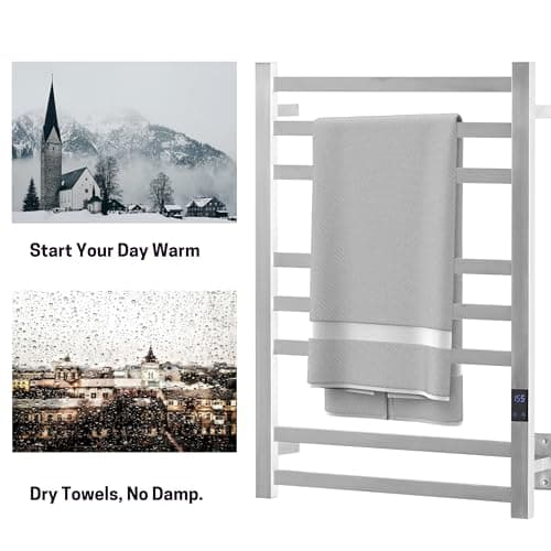 8-Bar Heated Towel Rack - Slim Design, Quick Heating, Adjustable Temperature, 24-Hour Timer - Brushed Stainless Steel - Ideal for Hot Towels in Bathroom