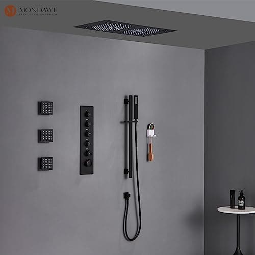 MONDAWE 28 Inch Flush-Mounted Thermostatic Shower System in Matte Black, 64 Colors LED and Bluetooth Control Music Rainfall Shower Head, Handheld Spray and Body Jets, High Pressure Shower Faucet Set
