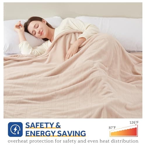 Sealy Electric Blanket Twin Size, Flannel Heated Blanket with 10 Heating Levels & 1-12 Hours Auto Shut Off, Fast Heating Warm Blanket, Machine Washable, Beige, 62 x 84 Inch