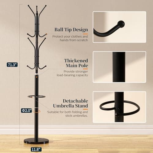 Yoobure Metal Coat Rack Freestanding with Marble Base, Coat Tree with 12 Hooks & Umbrella Holder, Coat Hanger Stand for Corner Entryway Bedroom Office, Heavy Duty Coat Rack Stand for Clothes Hats Bags