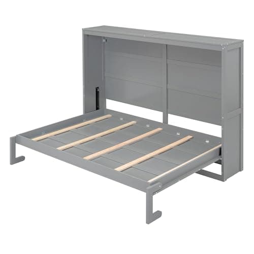 Merax Modern Farmhouse Solid Wood Murphy Cabinet Bed, No Box Spring Needed/Easy Assemble/Queen,Gray