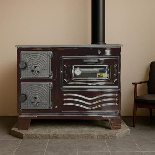 Cast Iron Decorative Oven Stove – Brick Interior, Rustic Ambiance & Light Baking Use – Vintage Style Indoor Fireplace Accessory – Made in Turkiye (Brown)