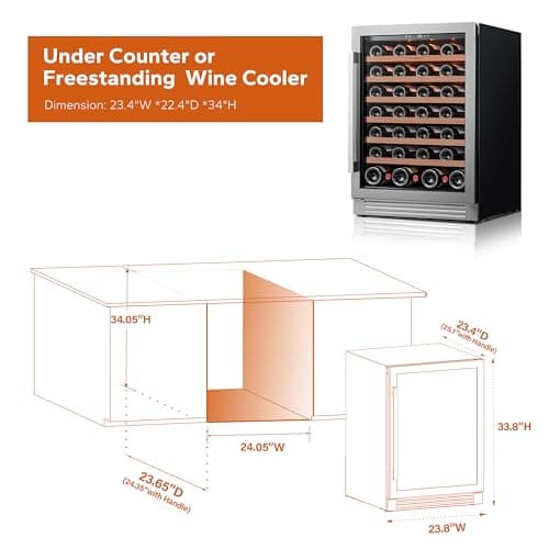 24 Inch Wine Fridge, 54 Bottle Wine Cooler Refrigerator, 40-65°F Wine Refrigerator Glass Door, 3 LED Wine Fridge, Built-in or Freestanding Wine Fridge for Home/Bar/Kitchen (5.65 cu.ft)