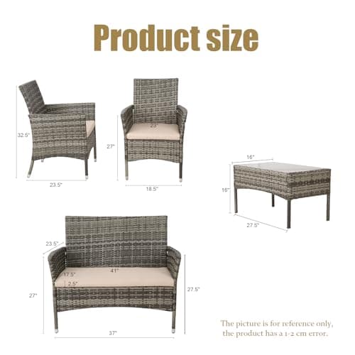 4 Piece Wicker Outdoor Furniture Set, Patio Conversation Set, Woven PE Rattan and Steel with Beige Removable Cushions for Patio, Deck, Lawn and Poolside (Hemp Gray and Beige)