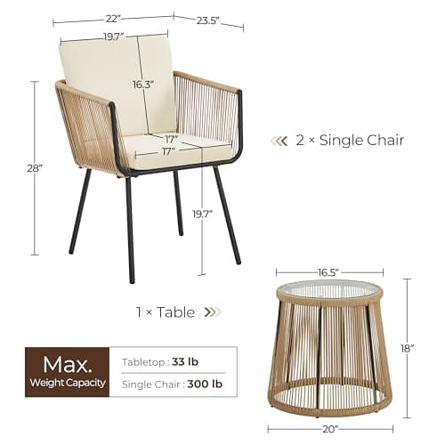 Yaheetech 3 Piece Patio Rattan Bistro Set, Outdoor All Weather PE Wicker Conversation Furniture Set with 2 Chairs & Tempered Glass Top Table & Cushions, for Poolside/Porch/Garden/Yard, Tan/Cream