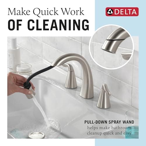 Delta Arvo Brushed Nickel Bathroom Faucet with Sprayer, 8 Inch 3 Hole Widespread Bathroom Sink Faucet with Pull Out Sprayer, Push-Pop Drain, SpotShield Stainless 35840LF-SPPD