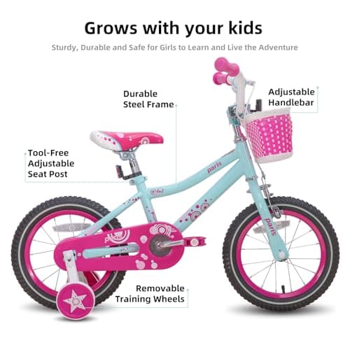 JOYSTAR Paris Girls Bike for Ages 3-8 Years Old, 14 16 18 Inch Kids Bike with Training Wheels, Basket and Handbrake, Multiple Colors