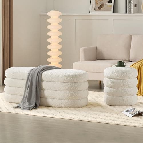 Storage Ottoman Bench 49.2 Inch Upholstered Fabric Storage Bench for Bedroom End of Bed Aesthetic Large Oval Storage Ottoman for Living Room Entryway (Ivory)