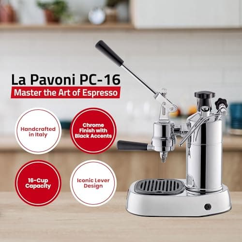 La Pavoni PC-16 Professional Espresso Machine - 16-Cup Capacity Lever Espresso Maker - Chrome Finish- Solid Brass 38oz Boiler - Dual Frothing Systems & Mounted Pressure Gauge - Made in Italy