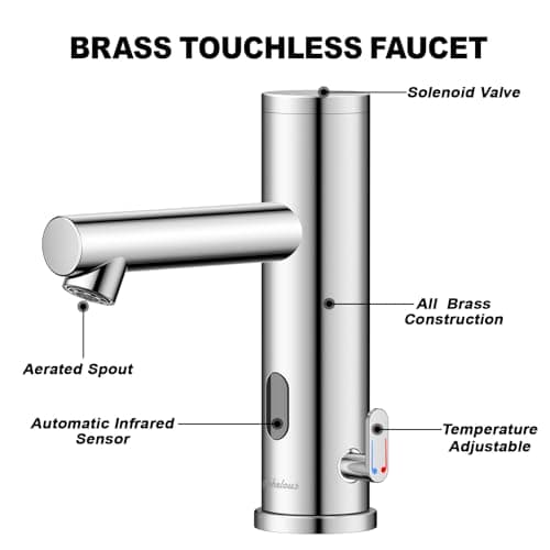 Achelous Automatic Touchless Bathroom Sink Faucet with Deck Plate,Hands Free Infrared Sensor Basin Faucet with Temperature Control, Battery Powered Sensor Bathroom Tap,Chrome