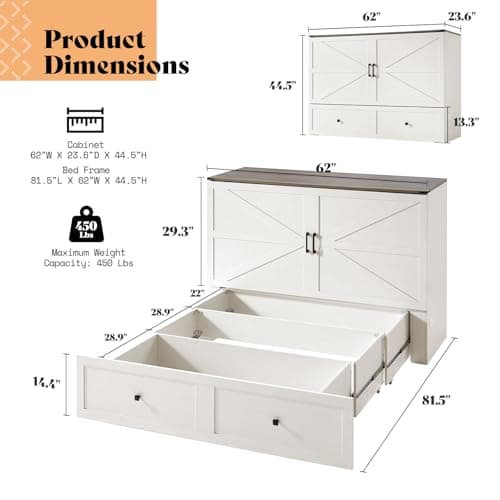AMERLIFE Queen Murphy Bed with Storage & Charging Station, Farmhouse Murphy Cabinet with Foldable Panel, Noisy Free, for Guest Bedroom, Living Room, Office, Distressed White & Barnwood
