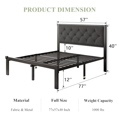 Feonase Full Size Metal Bed Frame, Heavy-Duty Platform Bed Frame with Linen Upholstered Headboard, 12" Storage Space, Steel Slats Support, No Box Spring Needed, Gray