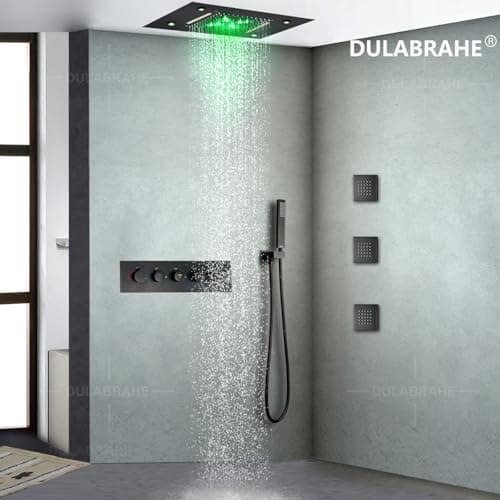 14 X 20 Inch Ceiling LED Rain Shower Head With Body Jets Large Luxury Rainfall Shower System Thermostatic Mixer Set Kit Included (Oil Rubbed Bronze)