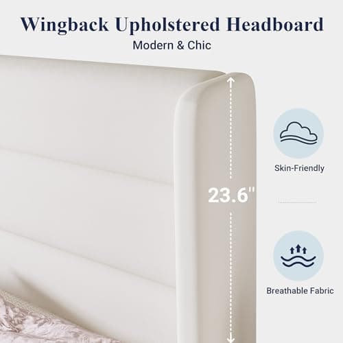 Allewie Queen Size Platform Bed Frame with Velvet Upholstered Wingback Headboard, No Box Spring Needed, Under Bed Storage Space, Strong Wooden Slats, Modern Mattress Foundation, Easy Assembly, White