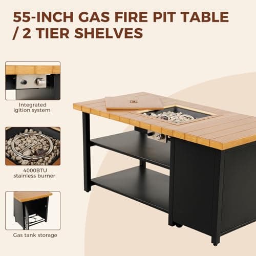 Grand patio 4-Piece Outdoor Furniture Set with Gas Fire Pit Table, Aluminum Patio Sofa Set for 8 with Faux Wood Grain Finish, Modern Patio Couch Sofa with Outdoor Bench and Chaise for Backyard