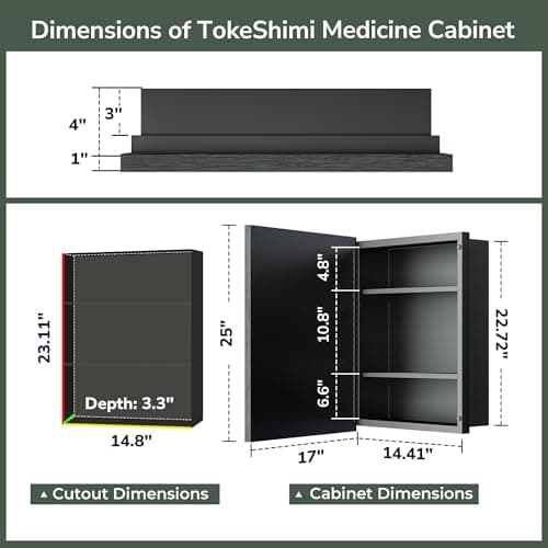 TokeShimi 17x25 Recessed Medicine Cabinet with Mirror Surface Mounted, Metal Beveled Mirror with Storage for Bathroom Vanity, Aluminum Black Medicine Cabinet Mirrored