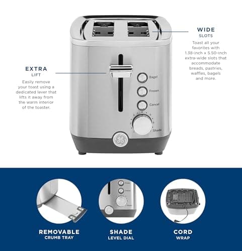 GE 2 Slice Stainless Steel Toaster, Extra Wide Slots for Toasting Bagels, Breads, Waffles & More, 7 Adjustable Shade Settings, Removable Crumb Tray, Countertop Kitchen Essentials, 850 Watts