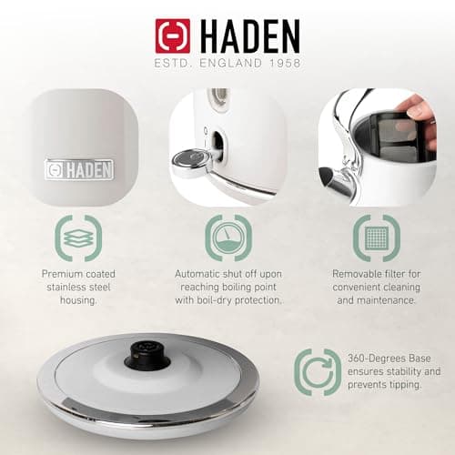 HADEN Heritage Stainless Steel Body Retro Electric Tea Kettle, White and Haden Heritage 4 Slice Wide Slot Stainless Steel Retro Toaster, White