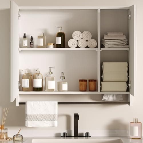 ChooChoo Lighted Bathroom Medicine Cabinet with Mirror, Wall-Mounted Bathroom Wall Cabinet with Mirror Doors, LED Lights, Adjustable Shelves, Towel Bar, White