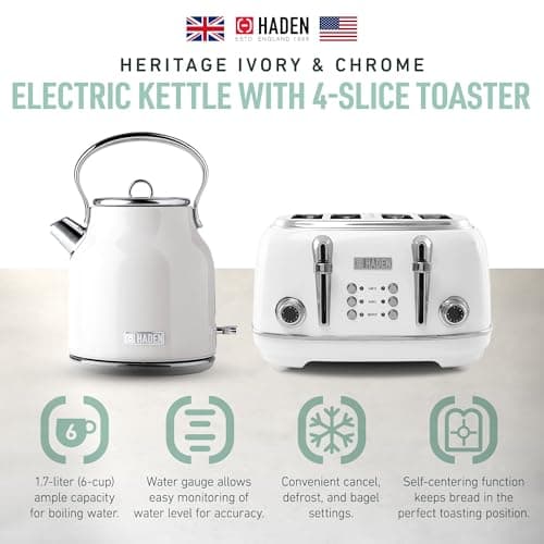 HADEN Heritage Stainless Steel Body Retro Electric Tea Kettle, White and Haden Heritage 4 Slice Wide Slot Stainless Steel Retro Toaster, White