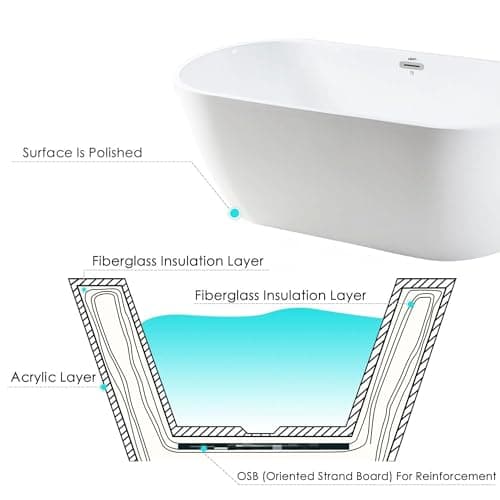 FerdY Bali 59" Acrylic Freestanding Bathtub, Gracefully Shaped Freestanding Soaking Bathtub, Toe-Tap Chrome Drain and Classic Slotted Overflow Included, Glossy White, cUPC Certified